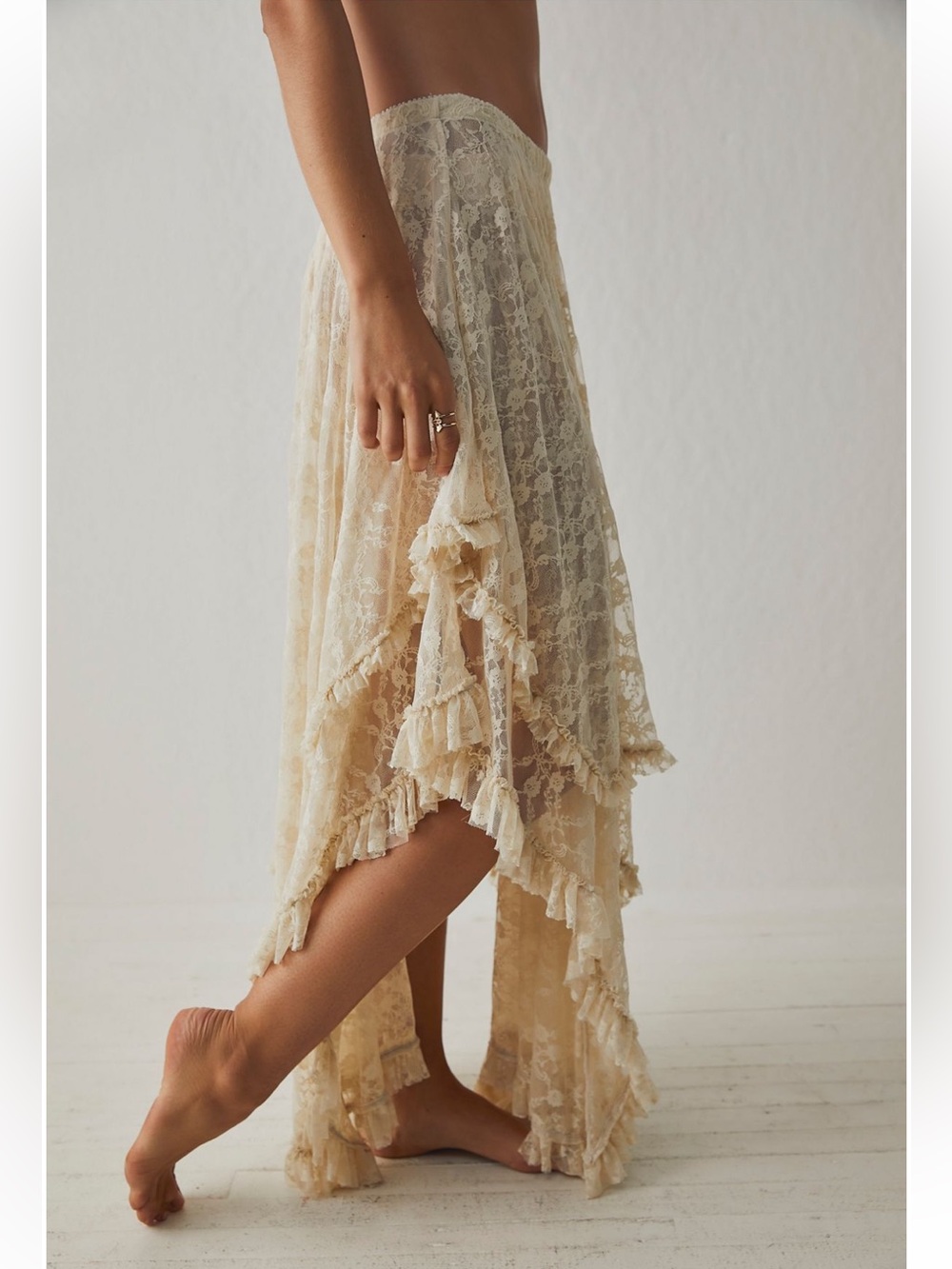 Free People French Courtship Maxi Slip Skirt Medium Tea Ivory NWT lace cream